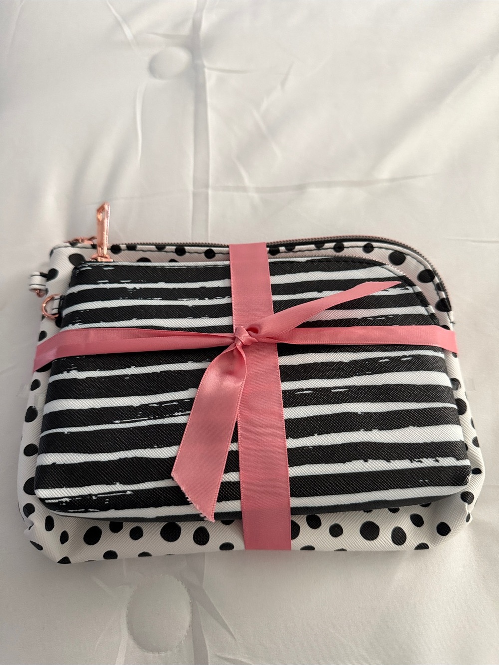 Striped & Polka Dot Cosmetic Pouch Set in Black, White & Pink